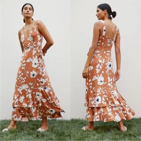 Anthropologie Brown Ruffled Floral Faux Wrap Midi Dress - Picture 1 of 16